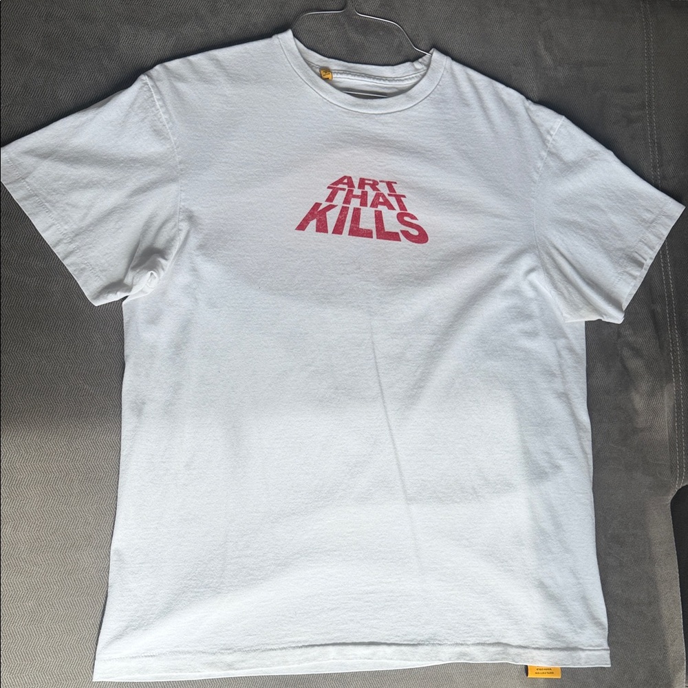White Graphic Tee with Red 'Art That Kills' Print
